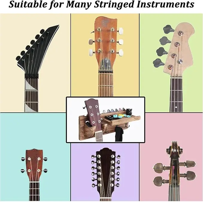 Multifunctional Wall Mount Guitar Hanger Shelf with Pick Holder and 3 Hooks