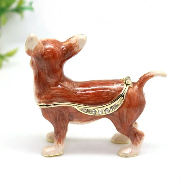 SHINNYGIFTS Pewter Dog Trinket Box Pug Chihuahua Gemstone Jewelry Box  Hinged Hand-painted Chihuahua dog Ring Hold