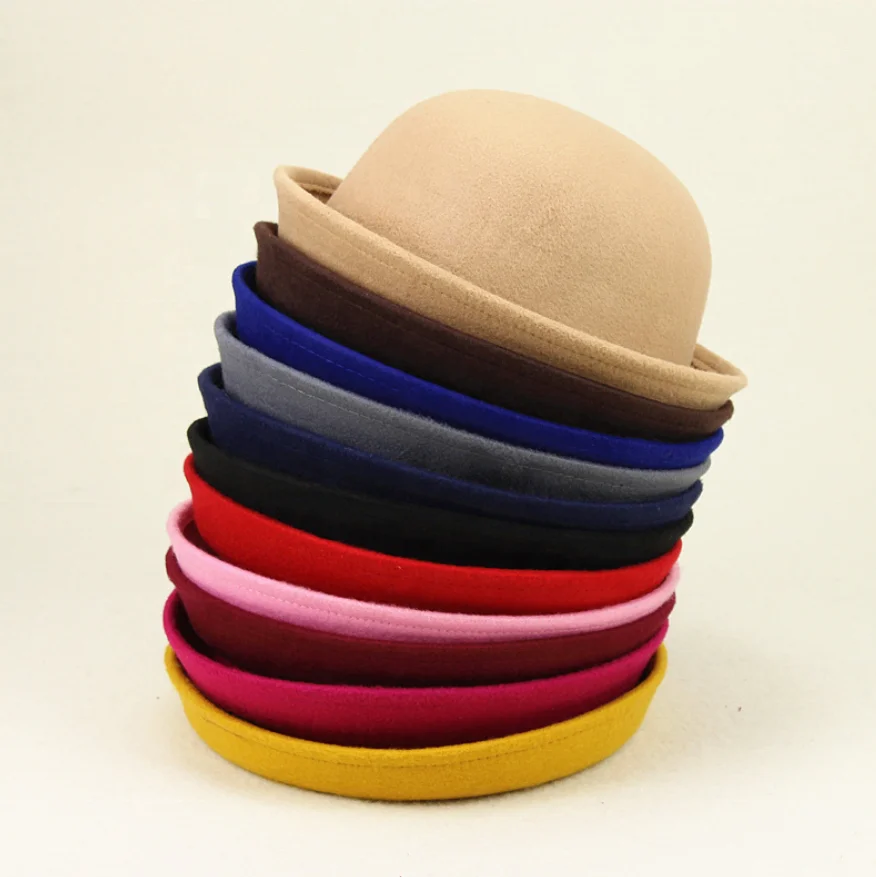 New Classic Wool Bowler Hats Derby Fedora Bucket Caps Kids Roll-up Brim Round Hats Winter Warm Felt Fedora Hats for Unisex