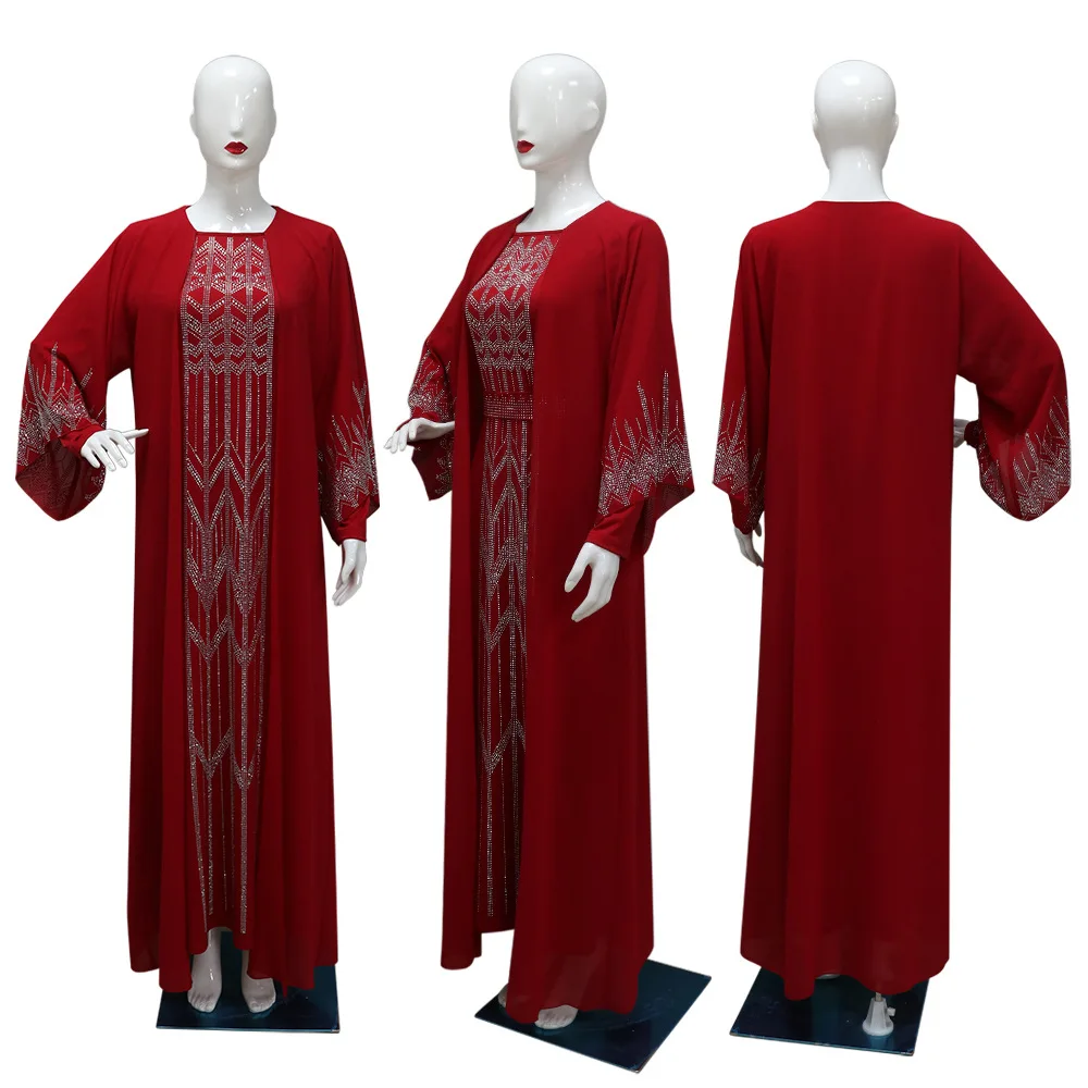 Saudi Arabia Muslim Diamond Luxury Caftan Turkey Abaya Boubou Chiffon Abaya with Belt Morocco Women Afghan Party Wedding Dress