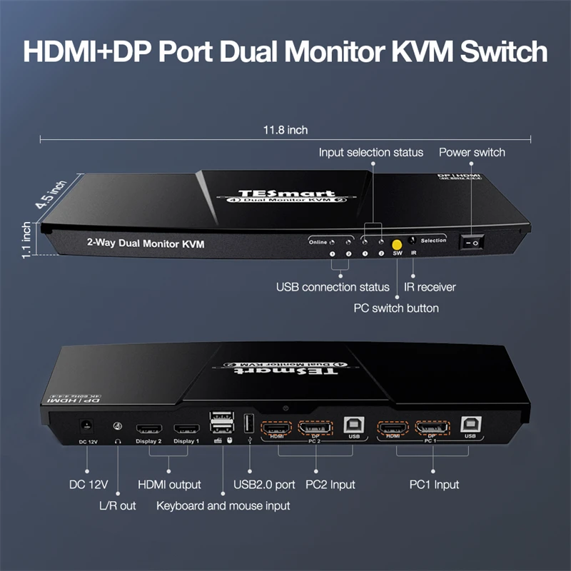 TESmart HDMI DP 4x2 2X2 4 Input 2 Output 4K60HZ HDMI KVM Switch With EDID Emulators Dual Monitor KVM Switches