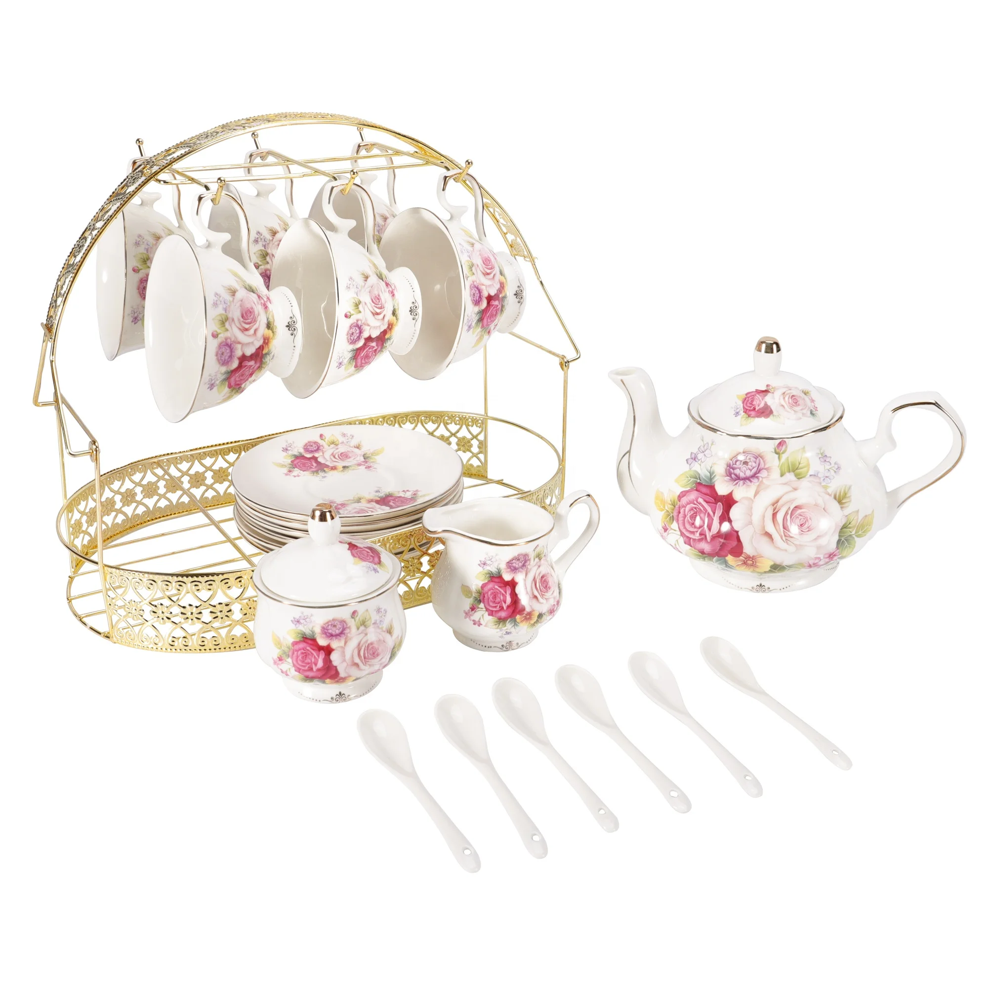 24pcs 1L European Elegant Ceramic Tea Sets Bone China Luxury Flower Design Coffee Table Set with Metal Holder