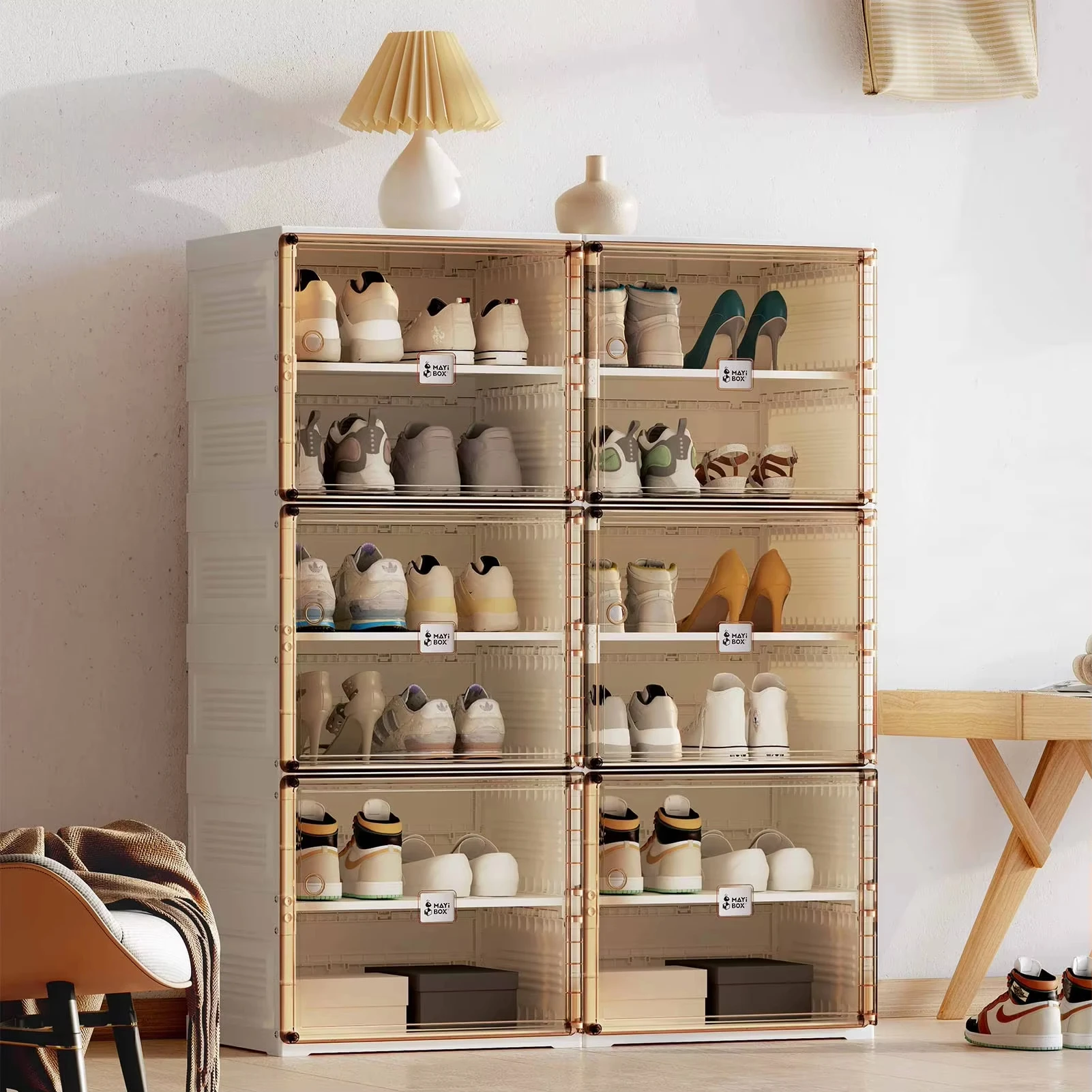 Foldable Shoe Rack Organizer for Closet, collapsible shoe storage with Magnetic Clear Door Easy Assembly Shoe Cabinet Bins with