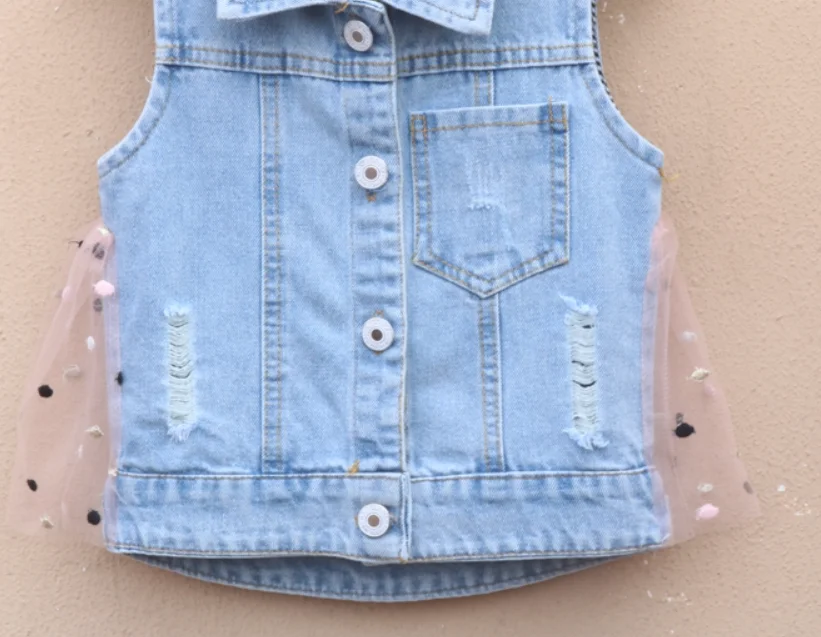 Custom children clothing kid sleeveless denim flocking tulle  girls vest