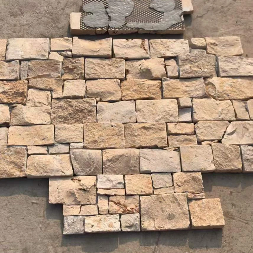 Golden or Yellow or Beige or Cream 3D Wall Decorative Natural Stone Peeled Veneer Strips and Cement Stacked Stone