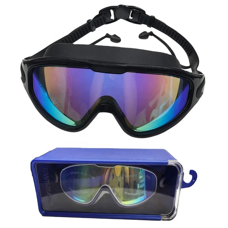 Factory Custom Fashion Adult Unisex Colorful Black  Adult Large Frame Swimming Goggles With Earplug
