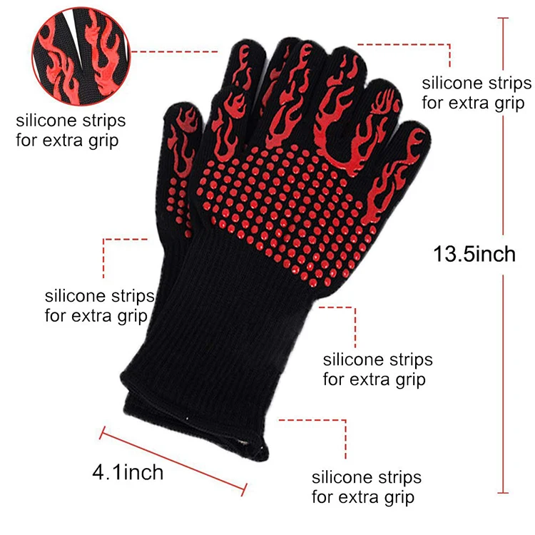 BBQ Gloves Oven Gloves1472  Fahrenheit Extreme Heat Resistant, Food Grade Kitchen Grill Gloves, Silicone Non-Slip Cooking Gloves