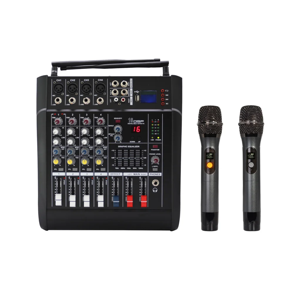 4 channel sound console powered audio mixer interface with recording system 2 wireless microphone