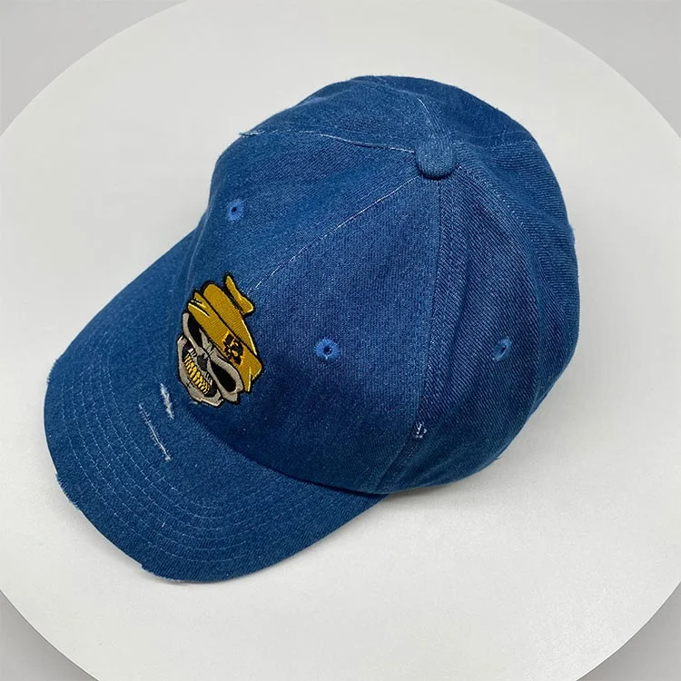Custom worn out machine embroidery dark blue jean dad hat baseball cap