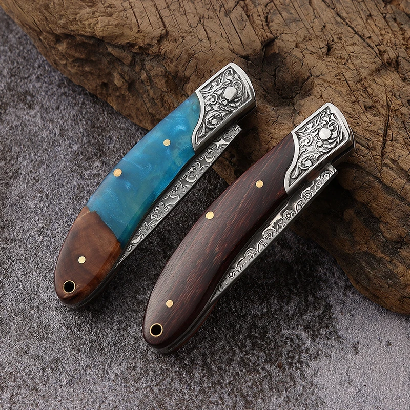 Free Sample High Quality 3.15 Inch  Damascus Blade EDC Pocket Folding Knife With Resin Rose Wood Handle For Hunting Camping