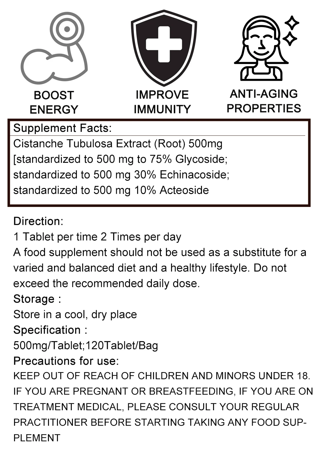 60Capsules/pack Improve Enhance Immunity Cistanche Tubulosa Extract Tablets 30% Echinacoside 12% Acteoside Cistanche Extract