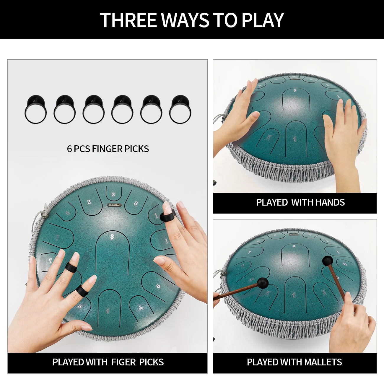 Стальной барабан ASTEMAN со стальным языком, звездная серия, Звездный зеленый, 14 дюймов, 15 тонов, ключ с