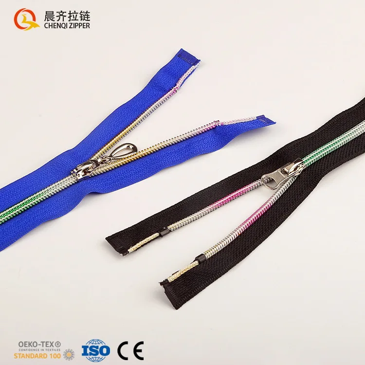 Factory Customized Fancy Zipper Rainbow Teeth Open-end Nylon Coil Polyester Zipper for Outerwear