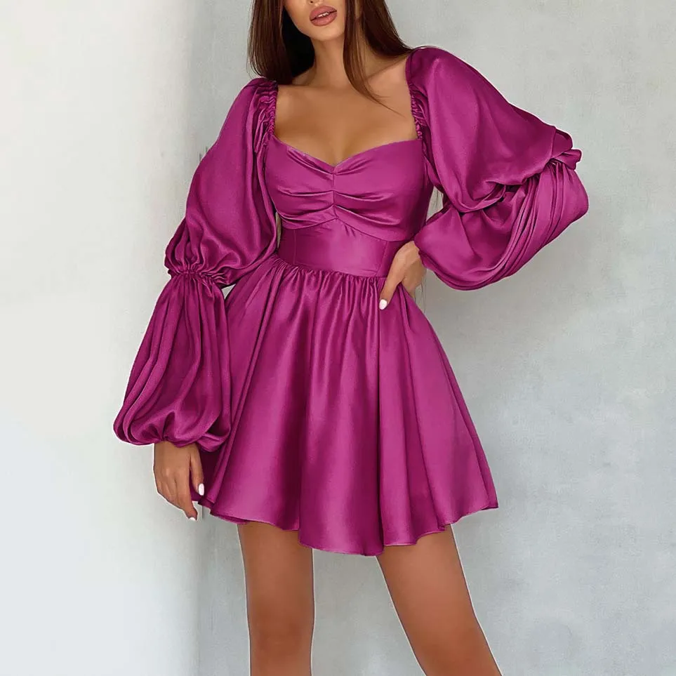 2023 summer dress Sweetheart Neck Frill Trim Dress  Puff sleeve satin Sexy Pink dress women elegant for valentines day gift
