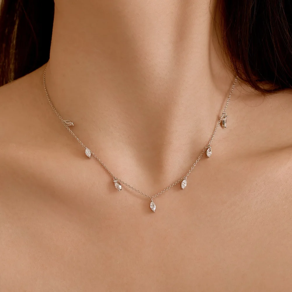 ACME Minimalist Blue Cubic Zircon Necklace 925 Silver Emerald Pendants Chain 18K Gold Plated Marquise Eye Necklaces For Women