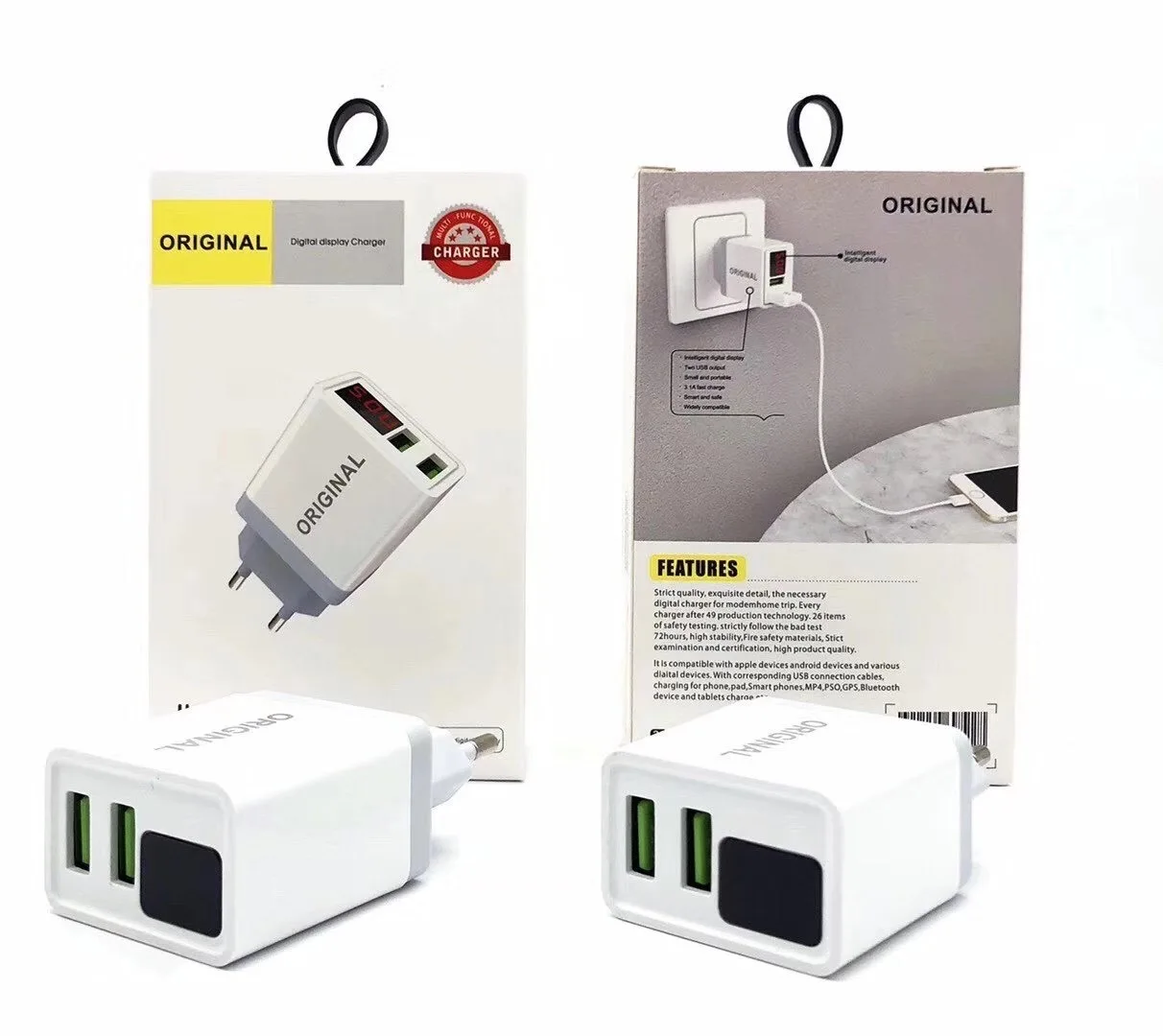 
2020 Smart LED Digital Display USB charger 5V 2.4A dual port wireless phone wall charger for smartphone 