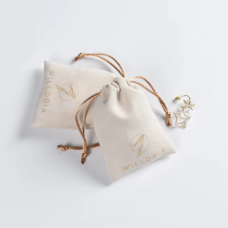 luxury faux suede jewelry drawstring pouch bag with gold logo printed