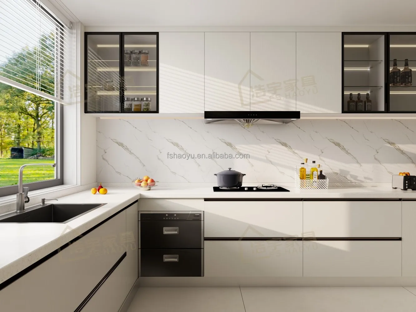 ready made Home Kitchen Cabinet Furniture High Quality Cheap Kitchen Cabinet with  mirror finish colored glass door