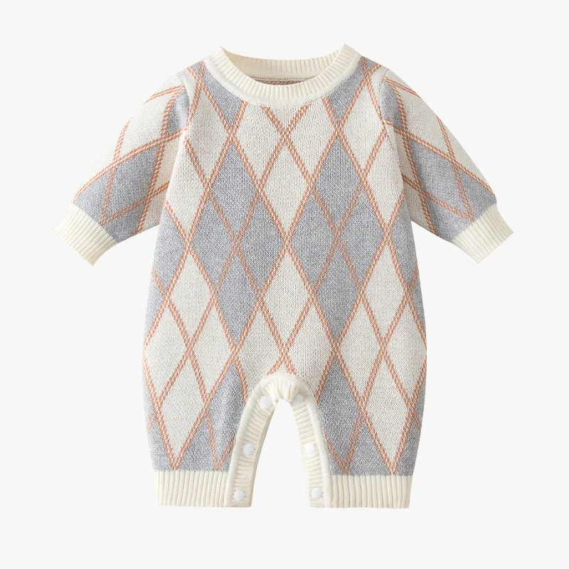 wholesale Newborn Baby Winter Plaid knitted Long Sleeve Jumpsuit sweatshirt baby rompers