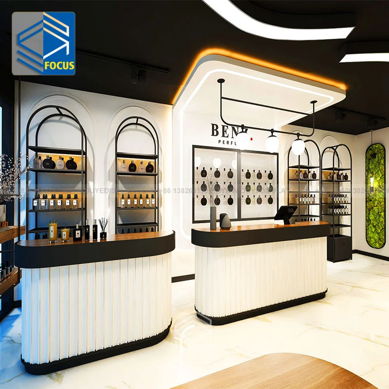 Customized Retail Cosmetic Store Shelves Black Rack Perfume Display Shelf Perfume Counter