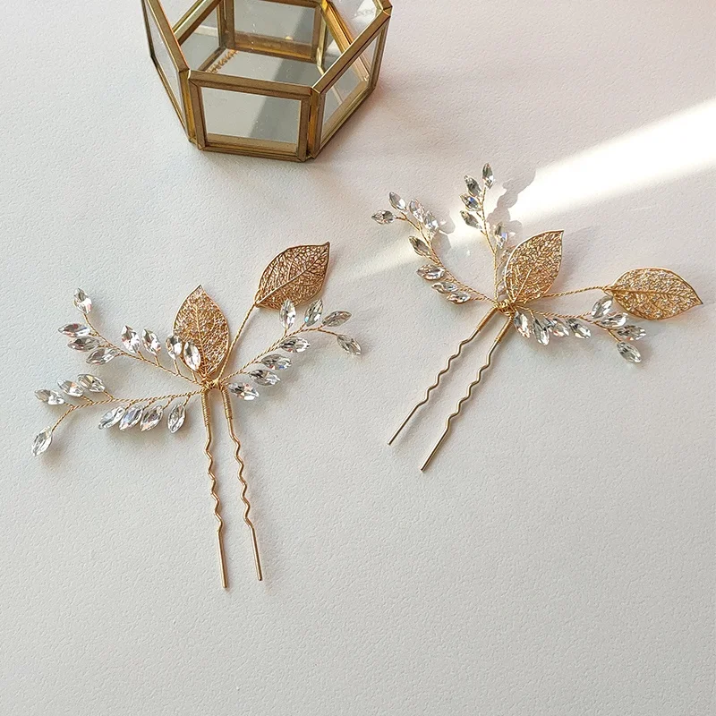 Simple Rhinestone Bridal Hair Pin Women Leaf Shape Headpiece Wedding Pins With Marquise Stone