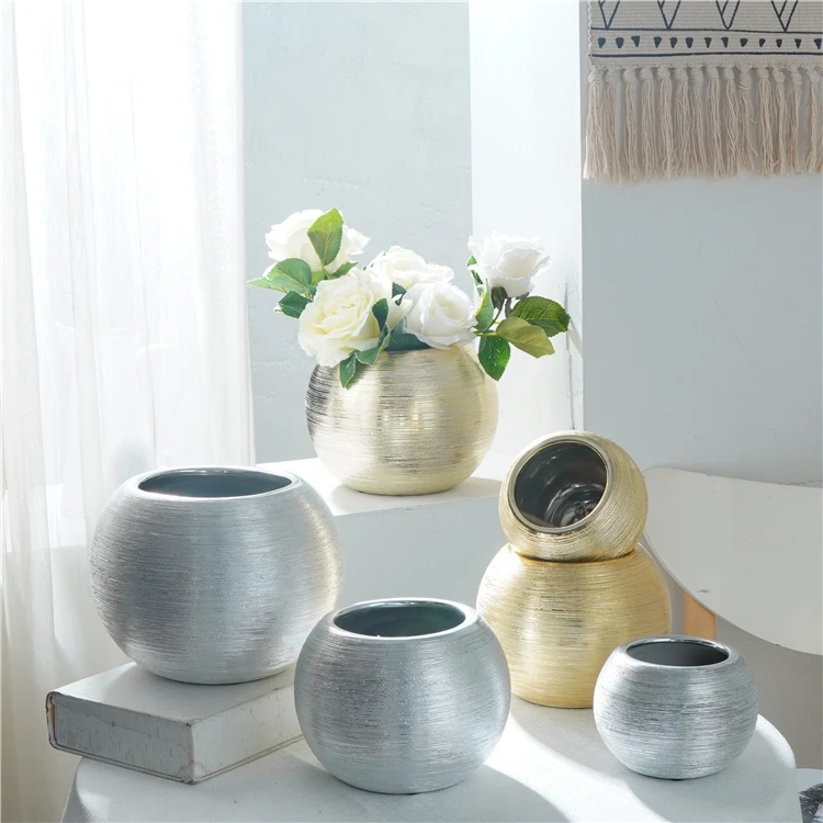  Luxury home decoration vase golden sliver round flower ornament stripe porcelain ceramic