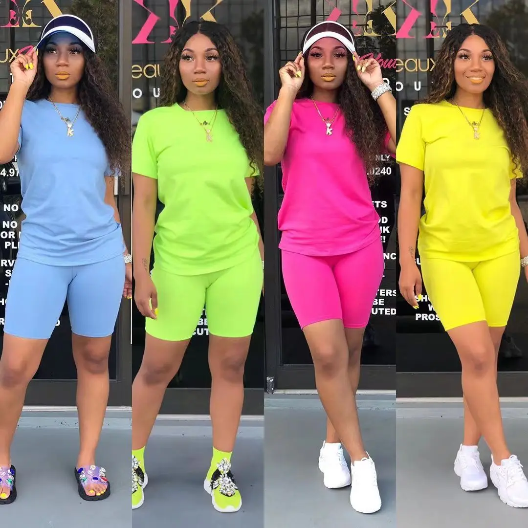 Free Sample 2023 Custom Logo Women Summer Clothing Chill Sets O-Neck Solid Color T Shirt Two Piece Biker Short Set
