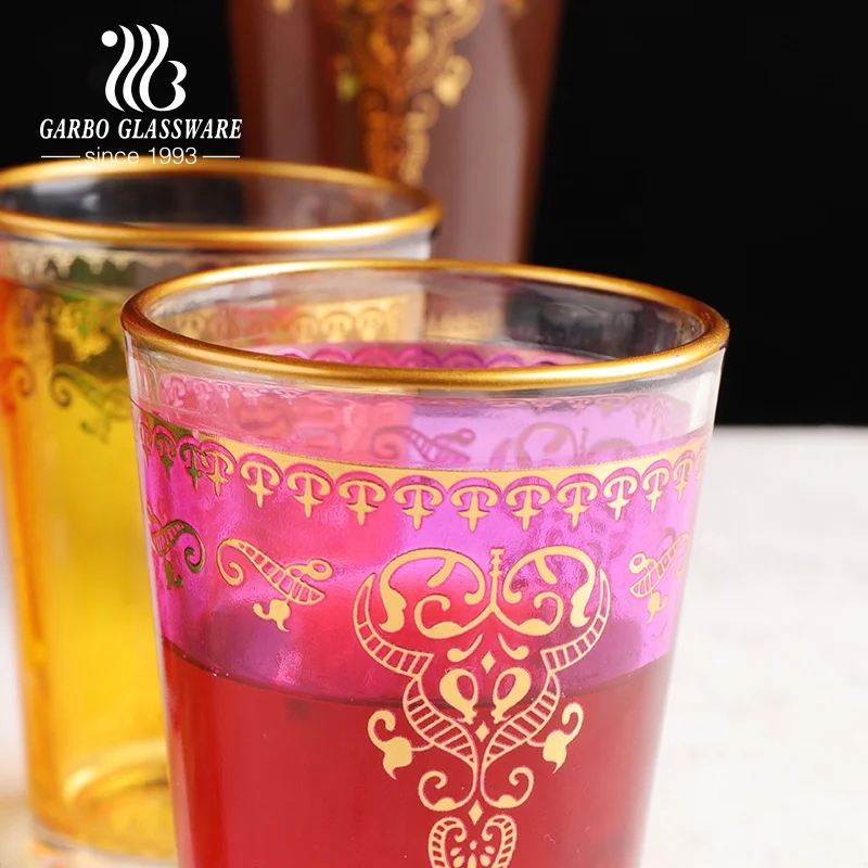 170ml 6oz Factory wholesale colorful decal printing golden rim coffee water tumbler Middle East Turkish Arabic glass tea cup