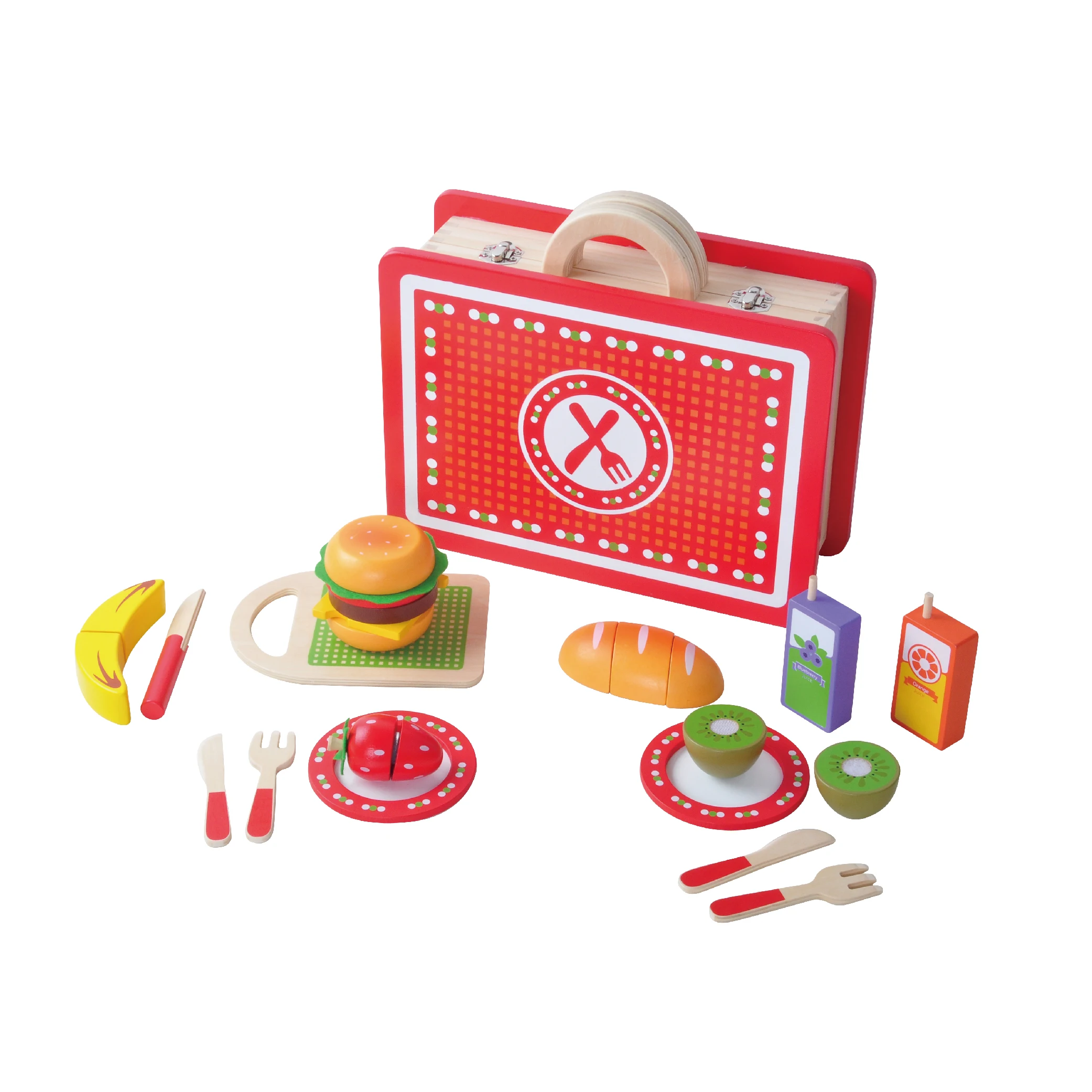 Children fruits hamburger simulation wooden picnic basket box toy  pretend play food for Kids