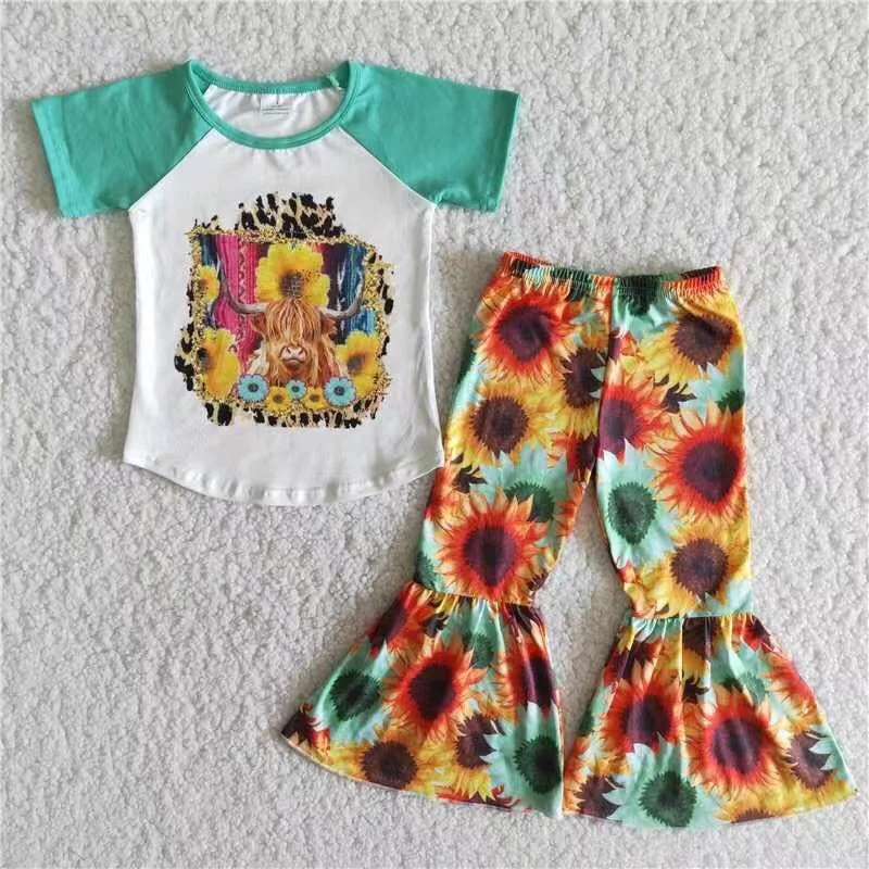Wholesale baby girls clothes Summer Bull head short-sleeved flared pants set children clothes Boutique clothes for girls sets
