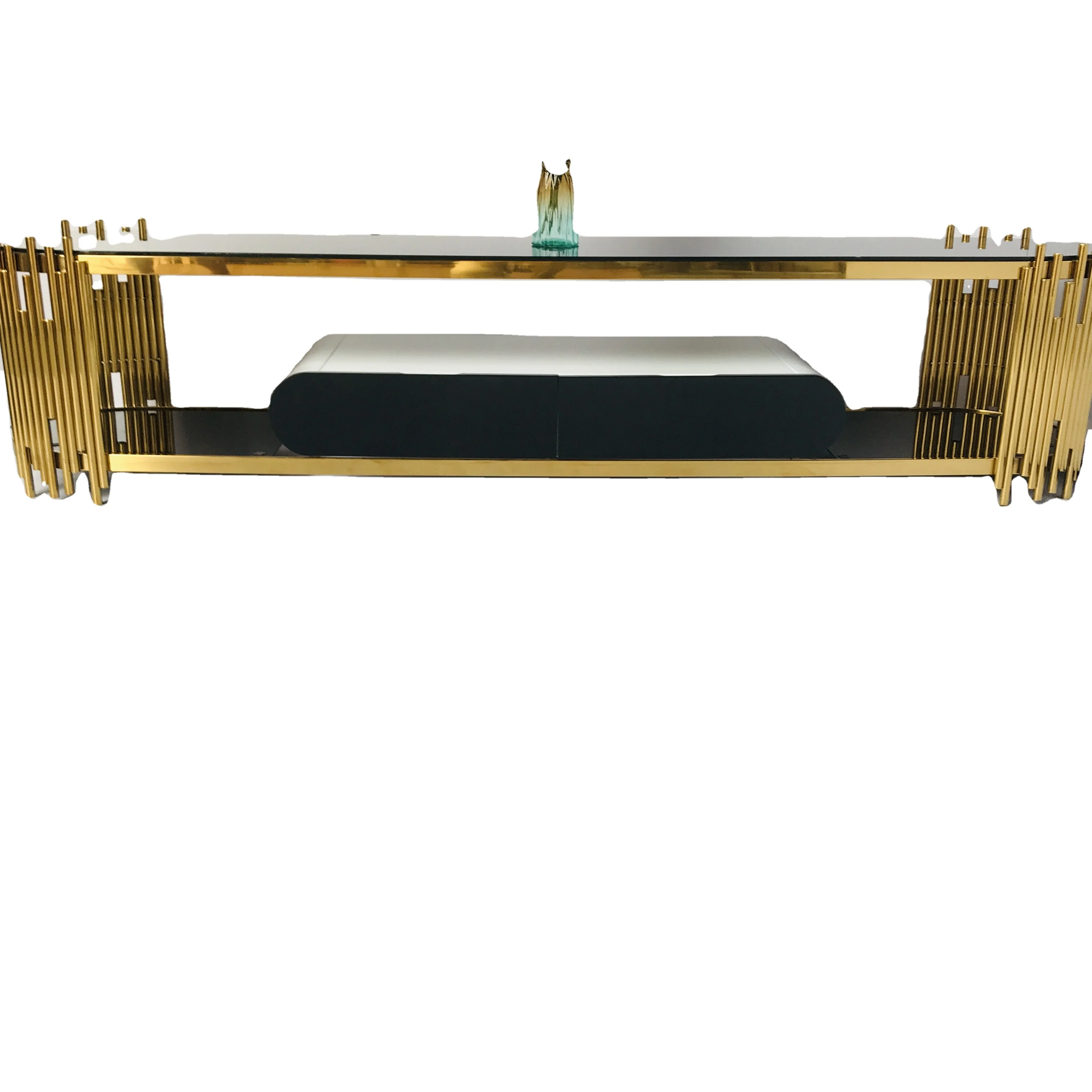 Gold Luxury Black Tempmered Glass Stainless Steel Base  Tv Stand Cabinet With Storage Drawers