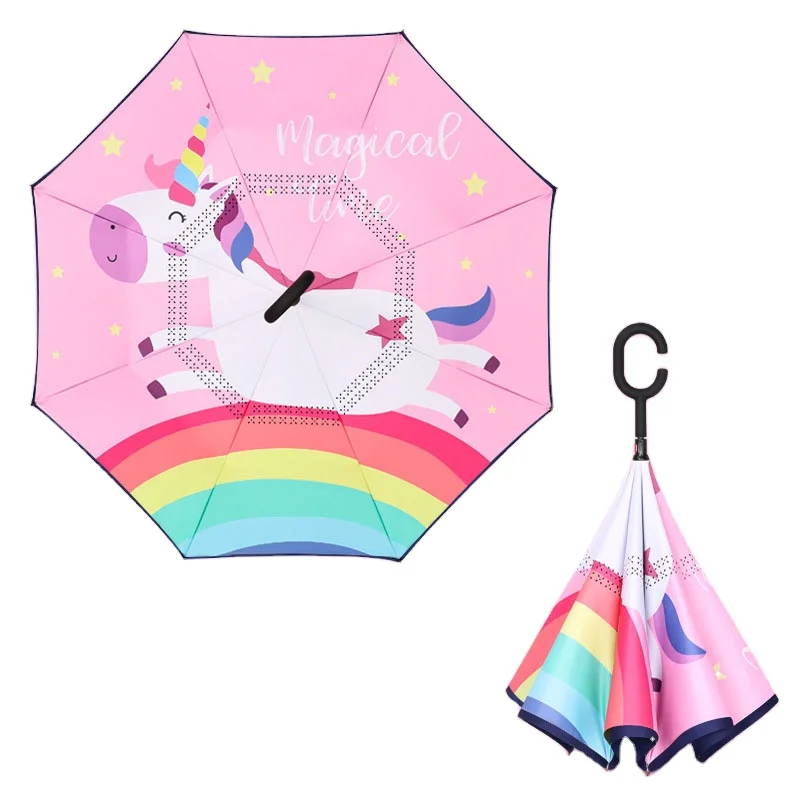 Unicorn Cartoon Reverse Umbrella Double Layer Windproof UV Protection C Shaped Handle Rainproof Umbrella for Girls