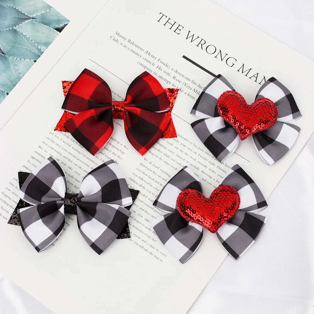 Christmas Baby Girls Hair Bows 3.5 Inch Kids Hair Clips Black White Red Buffalo Plaid Bows