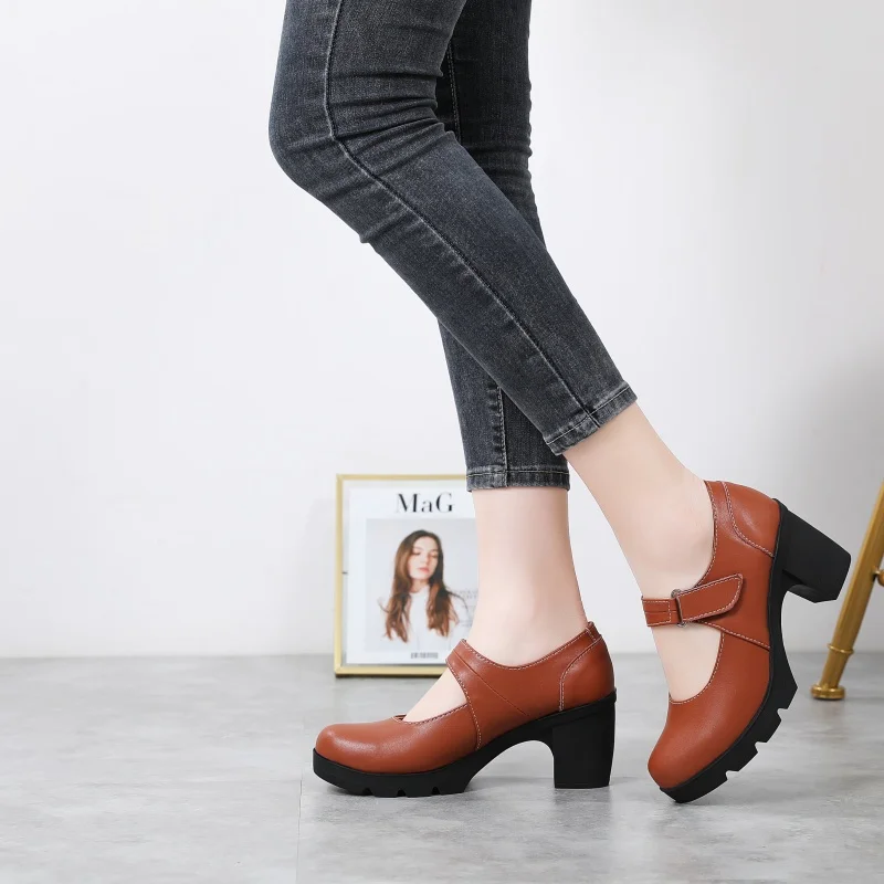 2024 New Styles Mary Janes  Women  Chunky Sole Shoes Fashion Ladies Round Toe High Heels Shoes women lace up office lady pump