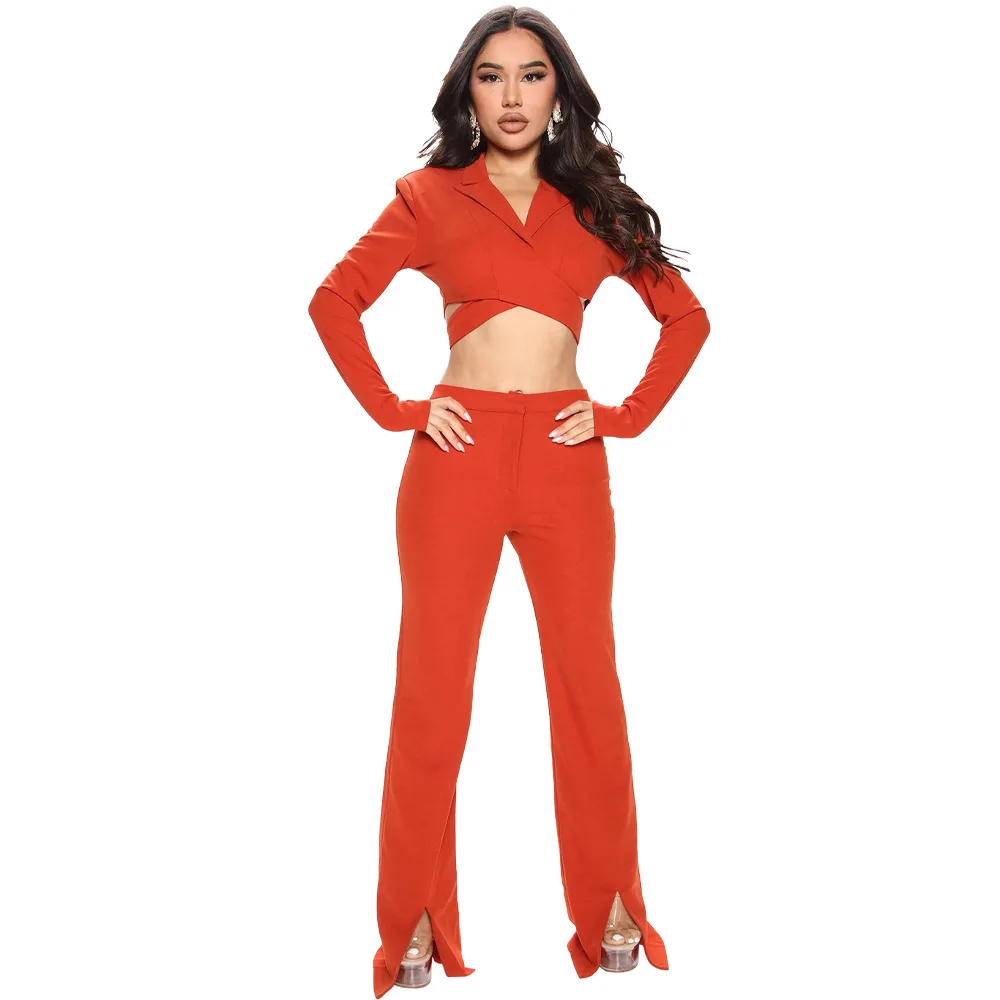 Fall 2022 Solid Blazers And Pants Two Piece Set Cross Straps Top Split Wide Leg Pants Two Piece Set Women Casual Clothing