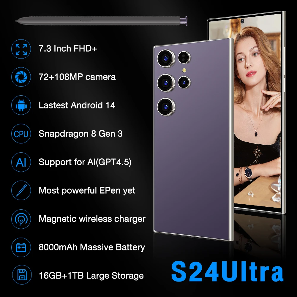 Phones S24 Ultra Smartphones for S24 Ultra 16GB+1TB 5G Dual SIM Cellphone Mobile Phone Original Smart Phone HD OLED 100W 108MP