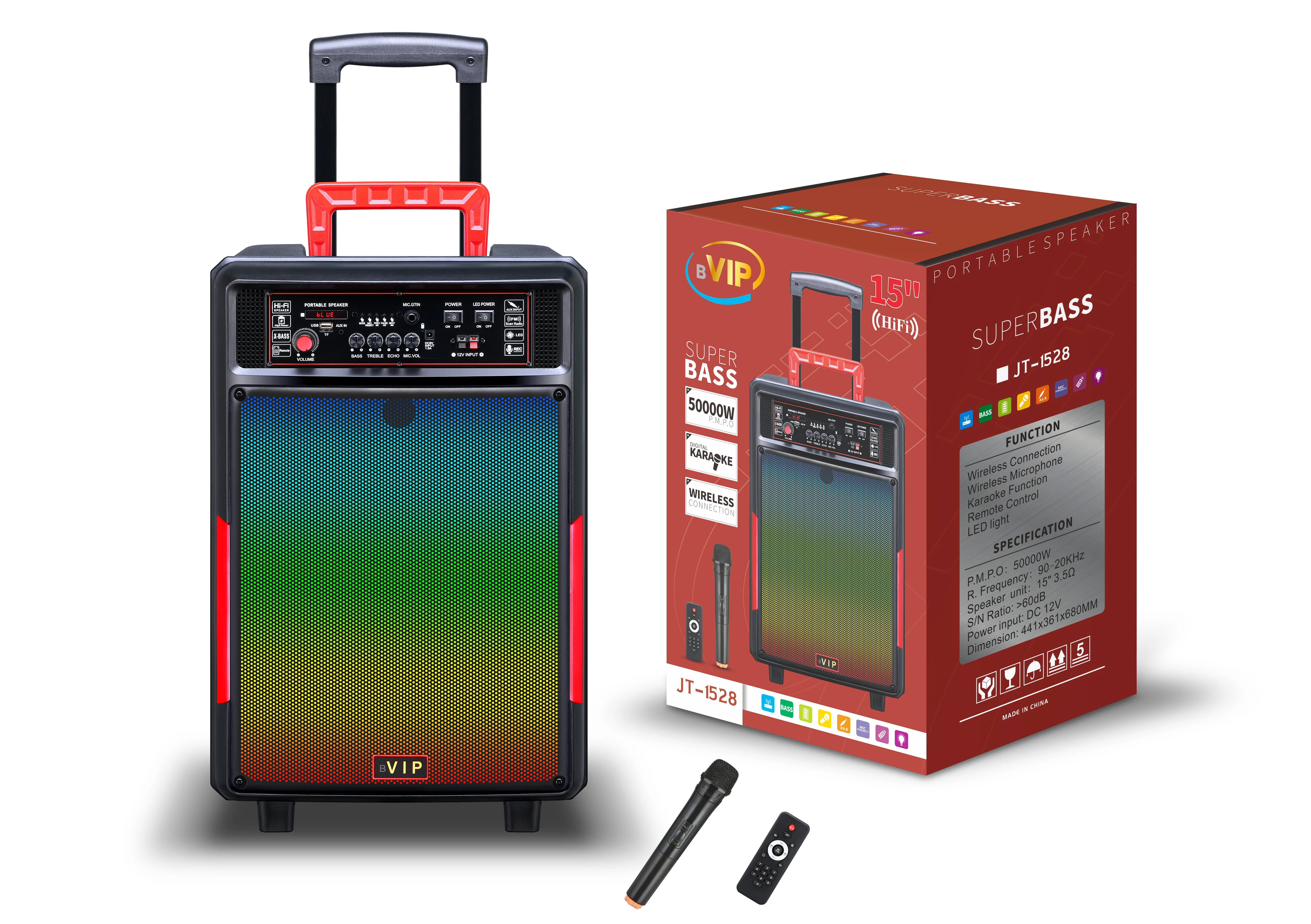 JT-1528 тележка стиль динамик беспроводной портативный 15 дюймов Стильные Цвет светодиодные лампы свет режим с проводом микрофон