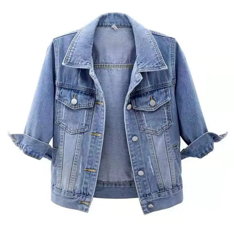Big Size Short Denim Jackets Women Tops Autumn Wash Long Sleeve Vintage Casual Jean Jacket Bomber Denim Coat Ladies Outerwear