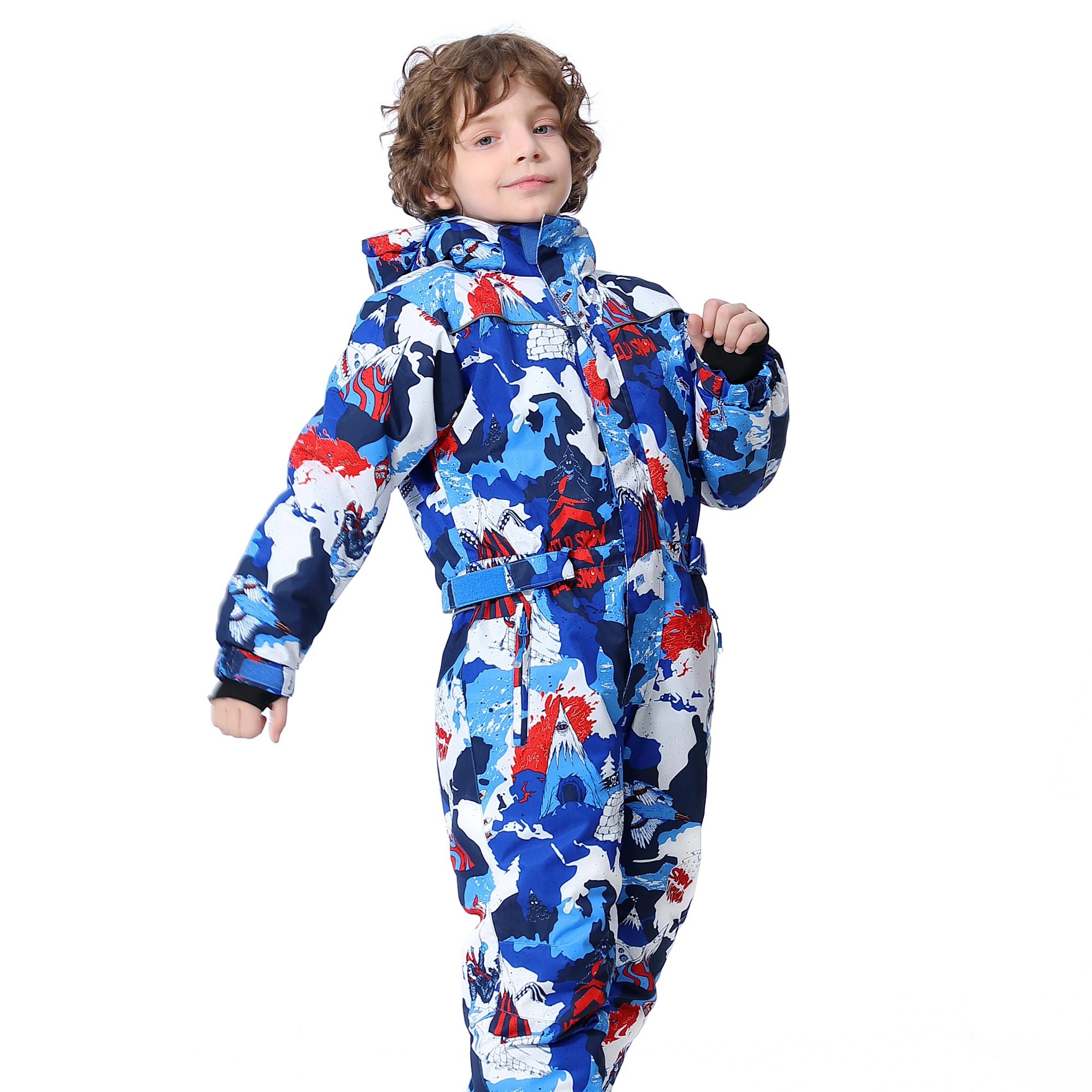 
Latest Design Ski Jackets Pants Outdoor Hiking Gear Kids Full Print Skiing Sets Ski Suits for Children 