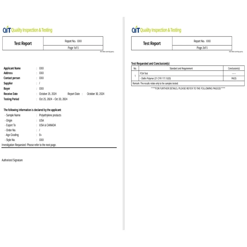pH value CA-65  FDA  Lab Report  for Food Contact Materials USA Market