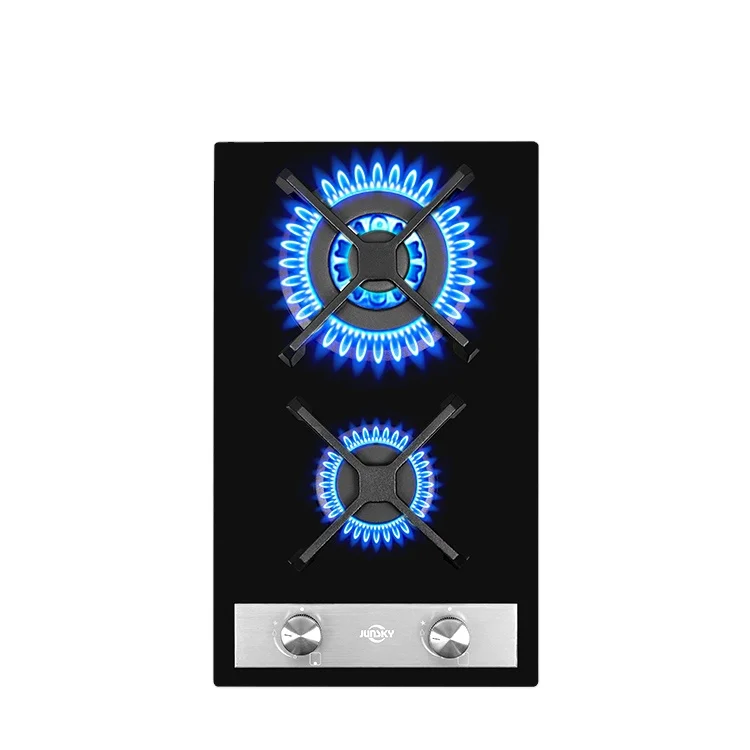 JunSky Gas Cooktop 30cm 2 Burner Built-in Gas Hob Black Tempered Glass NG/LPG Gas Stove