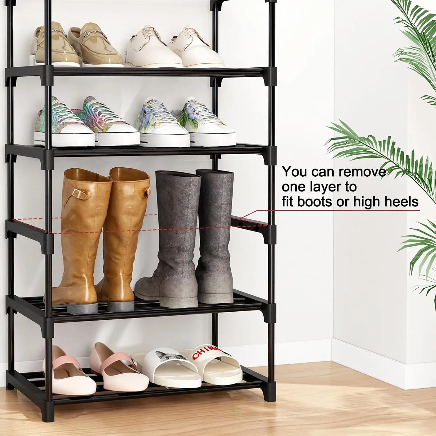 10-Tiers Shoe Rack for Large Capacity for 20-24 Pairs of Shoes and Boots, Narrow Metal Shoe Shelf with Hooks