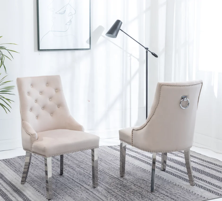 Tufted dining chair stainless steel legs ring knocker