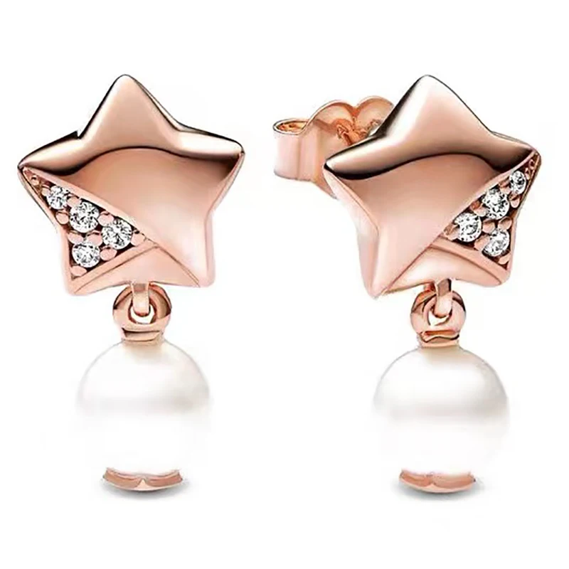 New 925 Sterling Silver Red Heart Blue Swallow Roses Leaves Pearl Pendant Charms Stud Earrings Women Fine Jewelry Birthday Gift