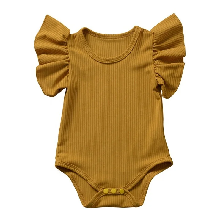 Summer Wholesale Cheap Ribbed Cotton Baby Clothes Best Selling Infant Romper Bodysuit for Baby Girls with Ruffle Sleeves