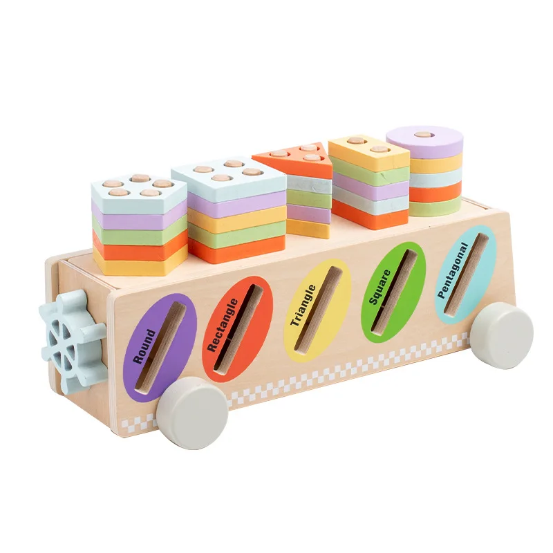 Wholesale Wooden Montessori Geometry Shape Matching Set Color Cognitive Educational Toys xCar for Children