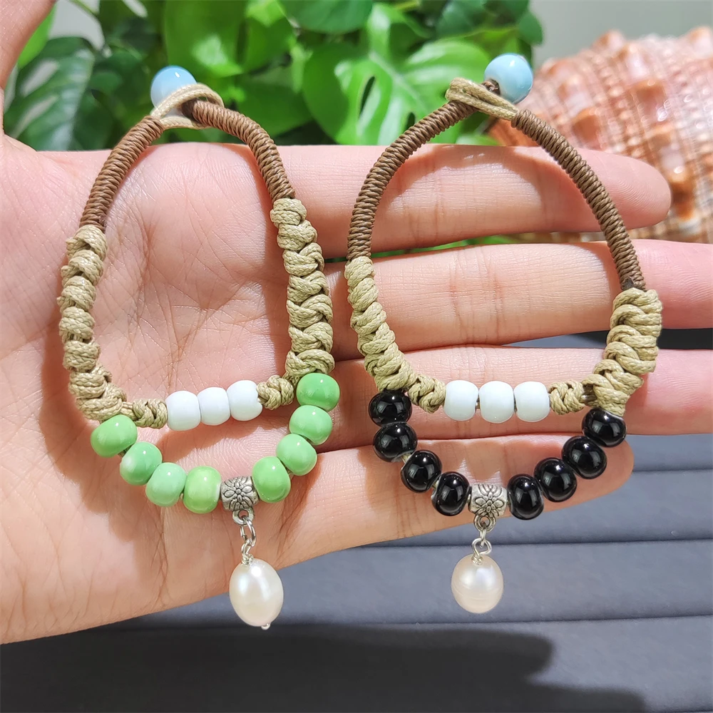 2024 New Arrivals Handmade Woven Leather Rope Bracelet Ceramic Beaded Freshwater Pearl Charms Double Layer Bracelet For Women