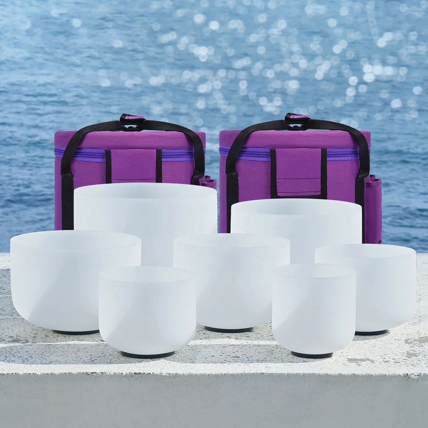 SUCCESS 432Hz Frosted Quartz Crystal Singing Bowls A B C D E F G Note set of 7 crystal singing bowls