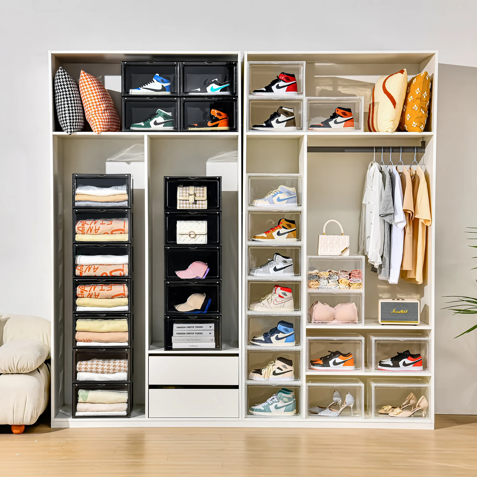 5688 foldable acrylic plastic magnetic shoe box container for shoe rack cabinet