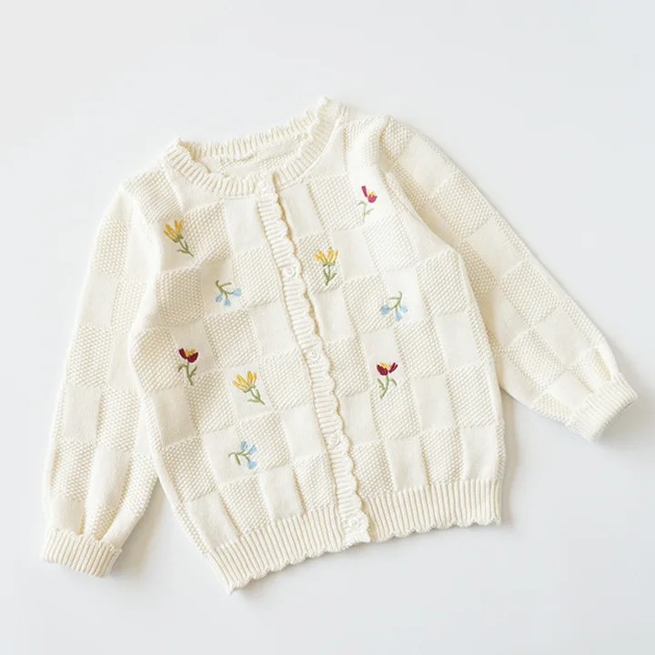 Fashion Autumn Winter 2024 Kids Baby Girl Sweater Floral White Cardigans for Toddler 3-8Years